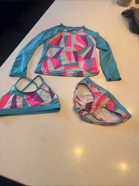 Lands' End Girls' Colorblock Rash Guard Bikini Set in Aqua, Pink, Purple